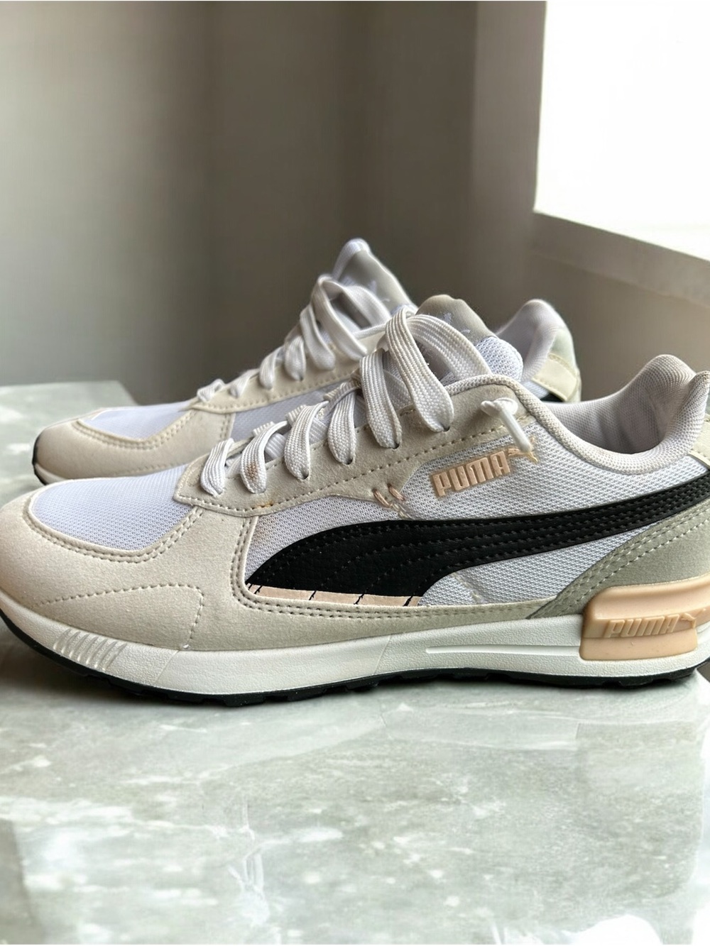 Puma Beige White Black Athletic Sneakers